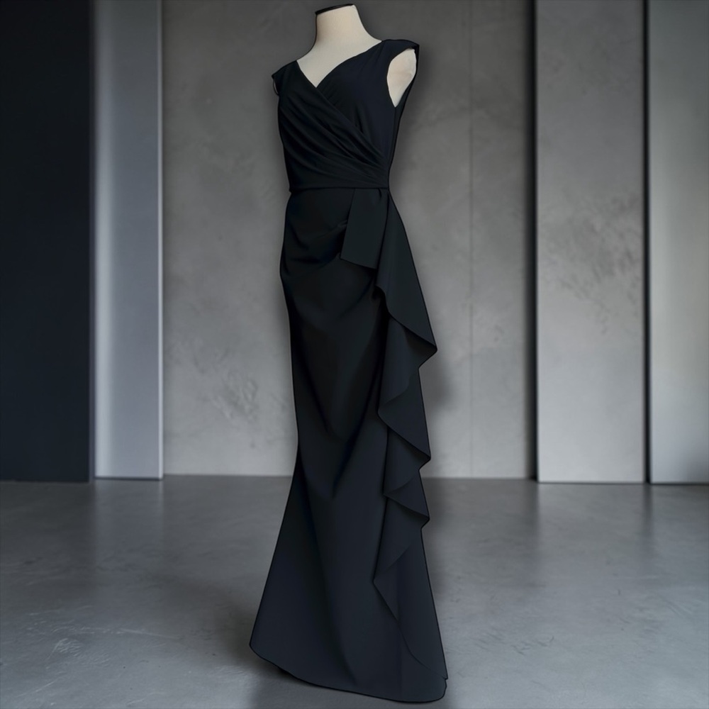 Chiara Boni Sozen Cascade Ruffle Draped Maxi Sleeveless Gown Navy Blue